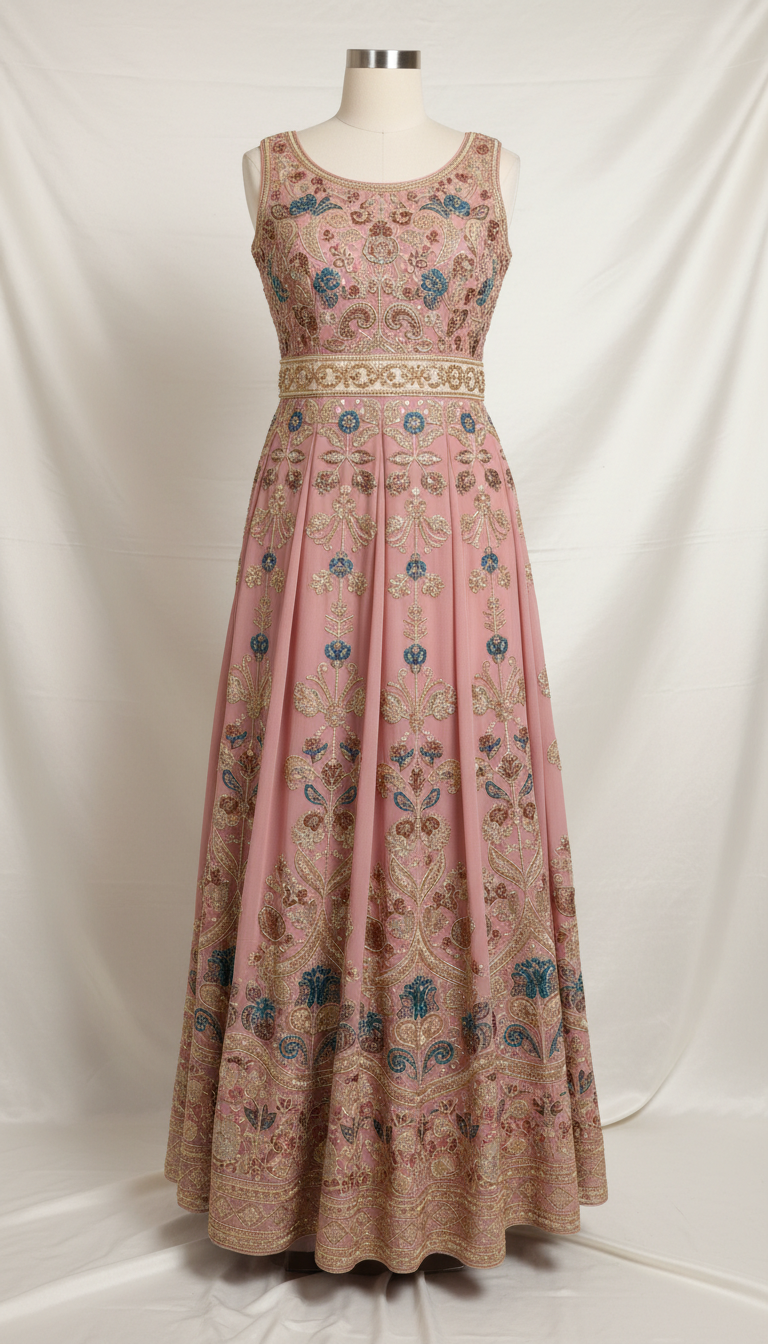 Dusty rose formal ensemble with gold threadwork