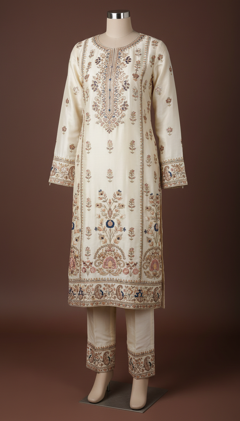 Ivory silk embroidered lawn suit